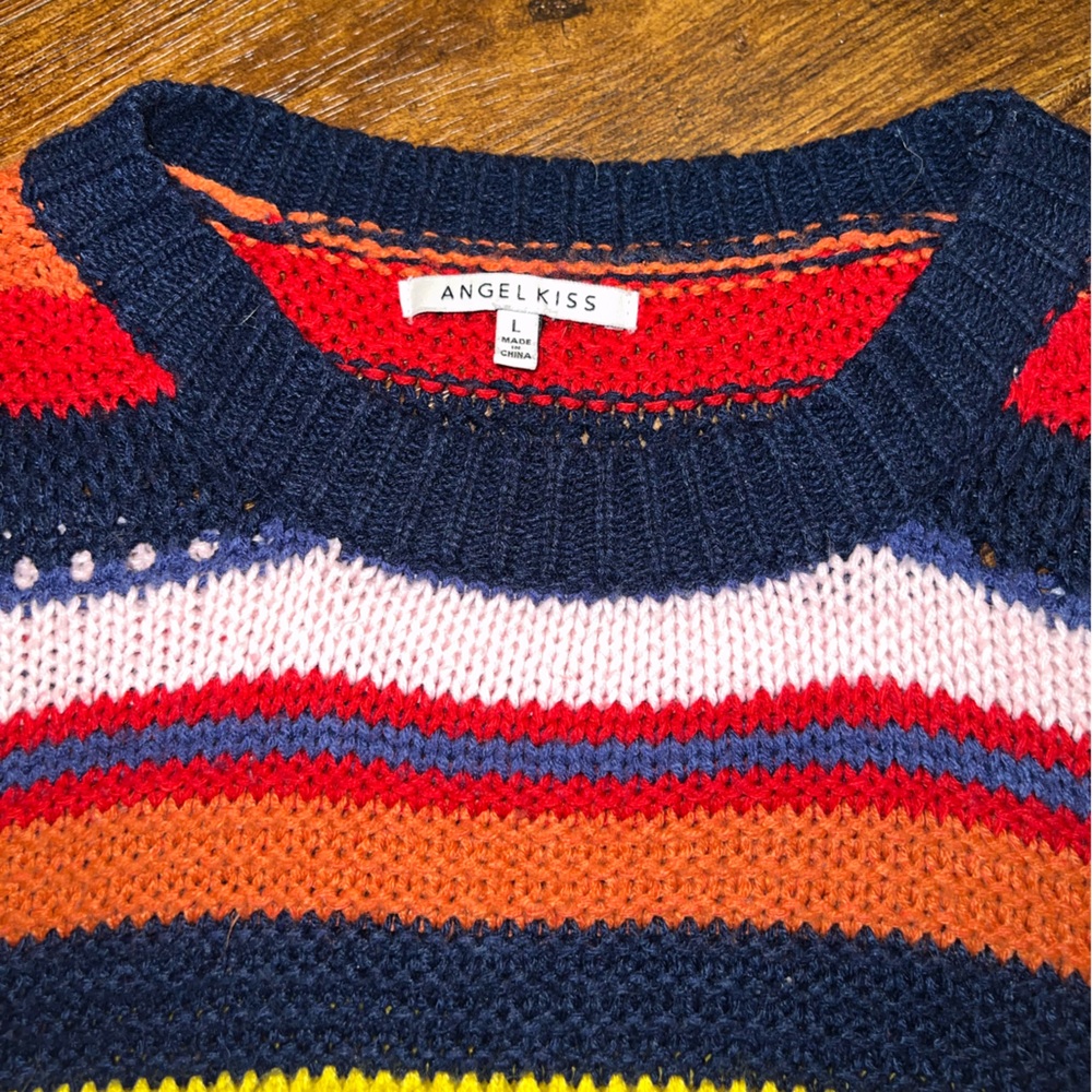 Angel Kiss Boho Red Colorful Oversized Acrylic Knit Y2K Crewneck Sweater Size L - Picture 7 of 9